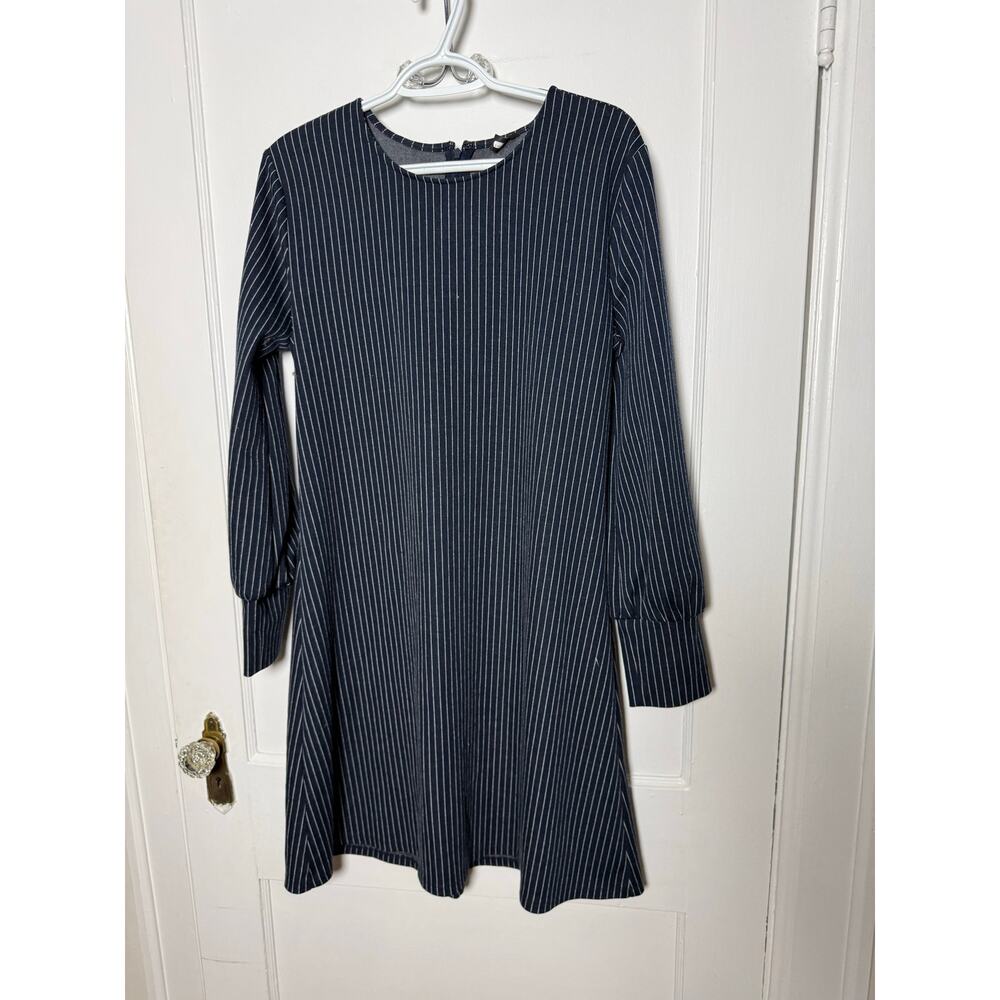 Ann Taylor Dress L Navy Pinstripe Long Sleeve A Line Career Work Office Preppy - Picture 2 of 8